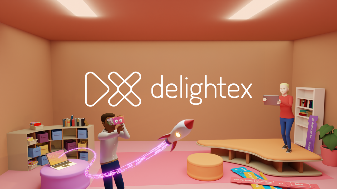 Auf einem 3D-Bild ist ein Wohnzimmer mit einem Mann und einer Frau zu sehen. Eine Spielzeugrakete steigt aus einem Computer und hinterlässt einen Schweif. 